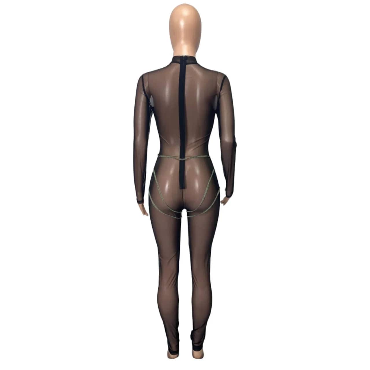 Nightclub Wear Tight Mesh Bodysuit Sheer Red One Piece Ladies Spring See Through Bodycon Long Sleeve Sexy Jumpsuit for Women