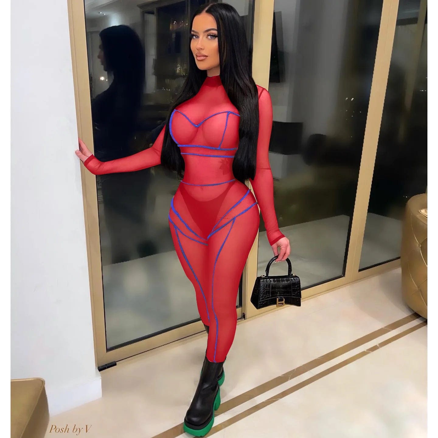 Nightclub Wear Tight Mesh Bodysuit Sheer Red One Piece Ladies Spring See Through Bodycon Long Sleeve Sexy Jumpsuit for Women