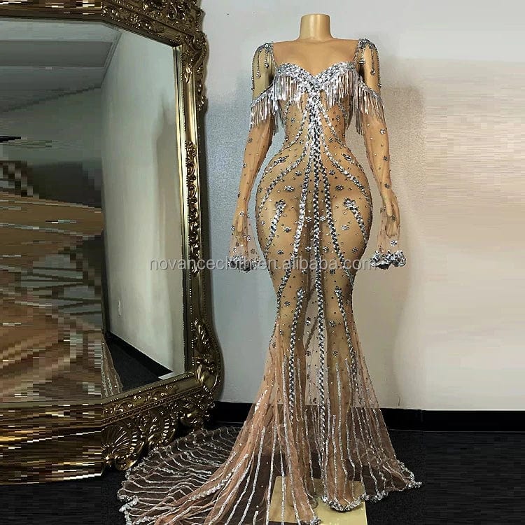 Novance Y2276 Fancy Fringe Celebrity 2022 Maxi Dress High Collar See Through Rhinestone Prom Dress Pearl White Wedding Dress