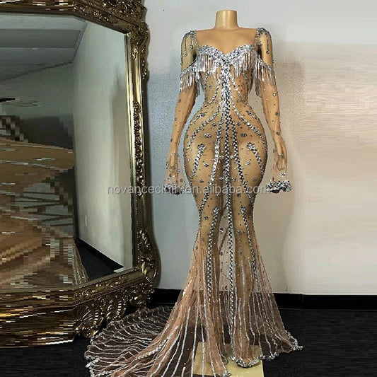 Novance Y2276 Fancy Fringe Celebrity 2022 Maxi Dress High Collar See Through Rhinestone Prom Dress Pearl White Wedding Dress