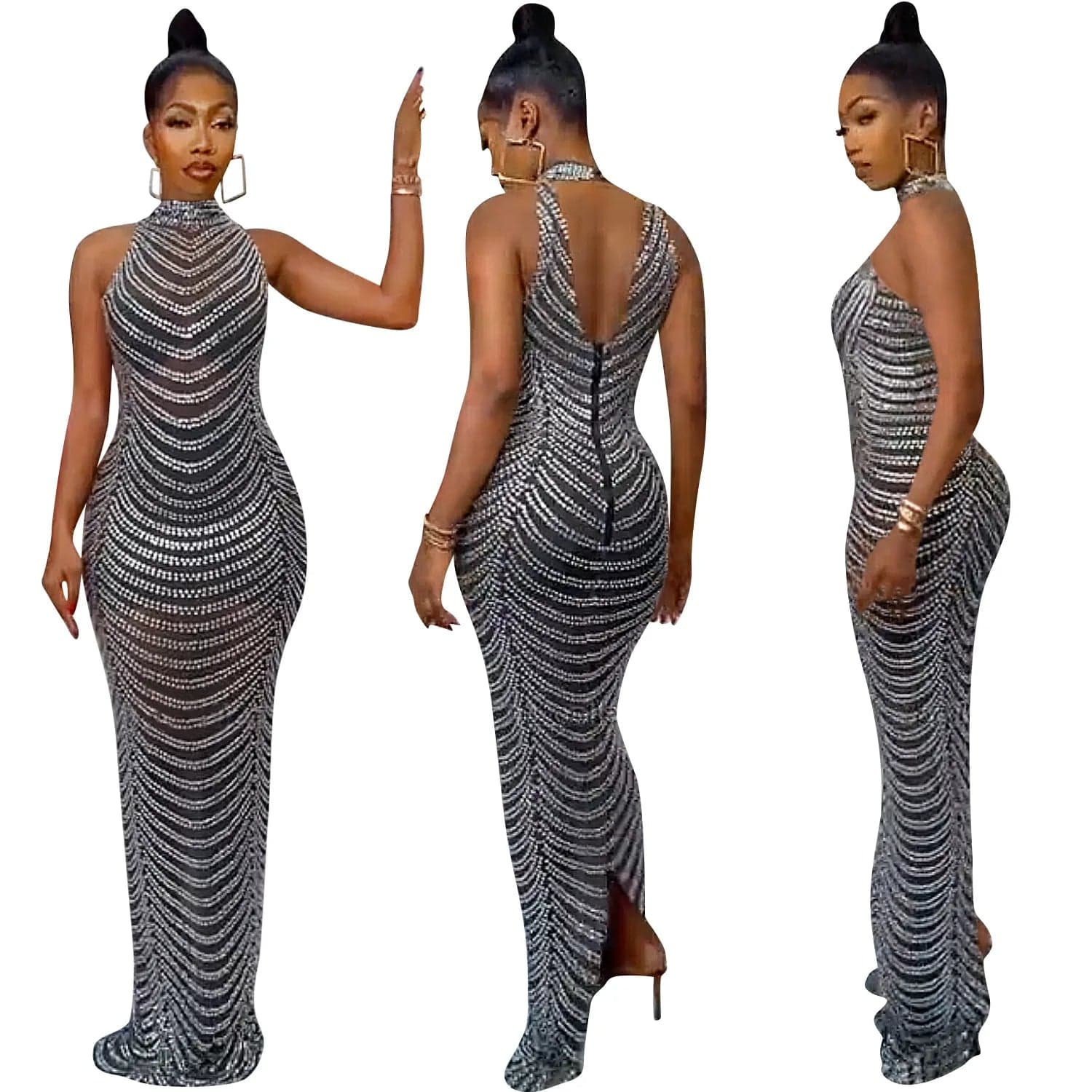 Now Arrival 2024 Women Clubwear Backless Tight Party Evening Dress Women Mesh Rhinestone Long Maxi Dress