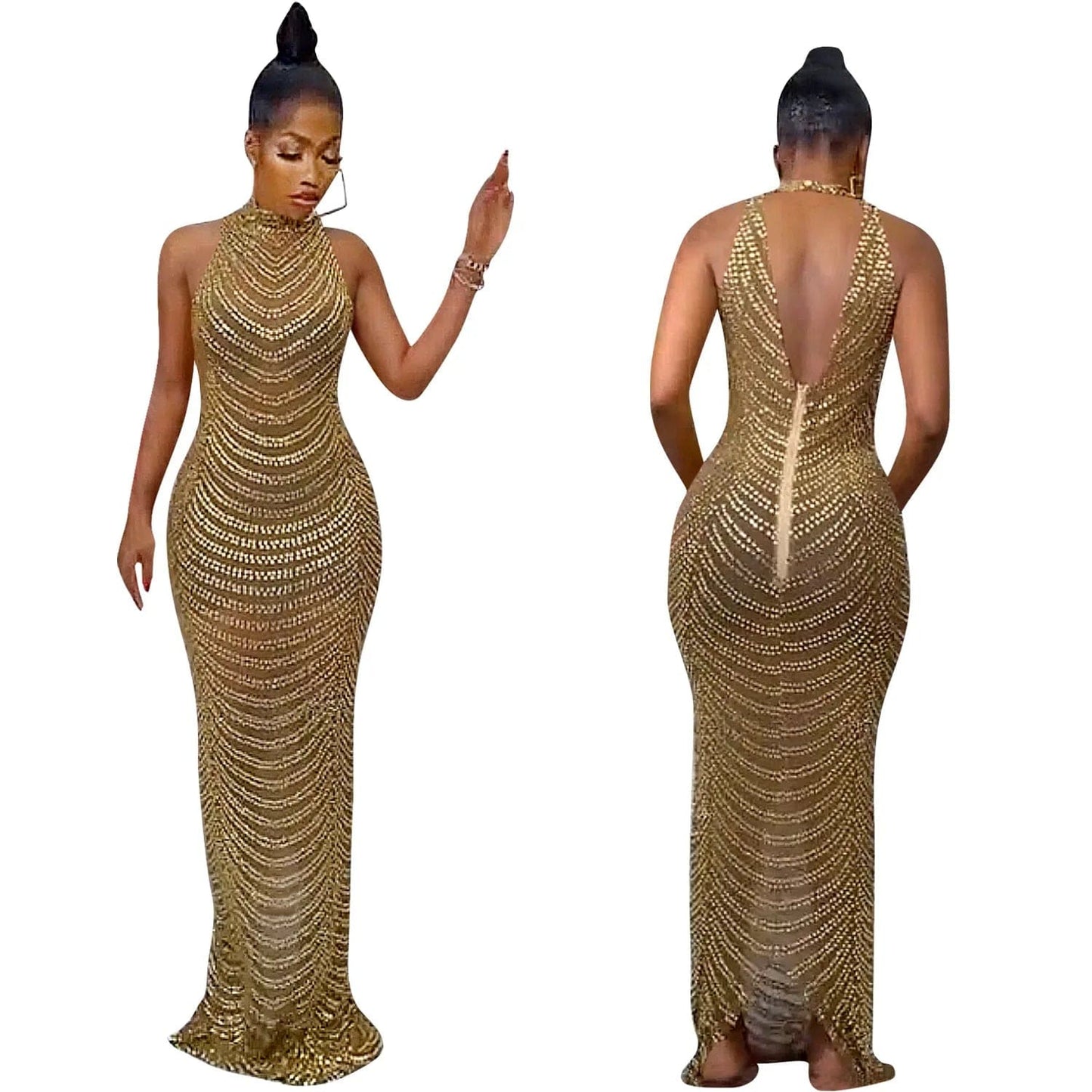 Now Arrival 2024 Women Clubwear Backless Tight Party Evening Dress Women Mesh Rhinestone Long Maxi Dress