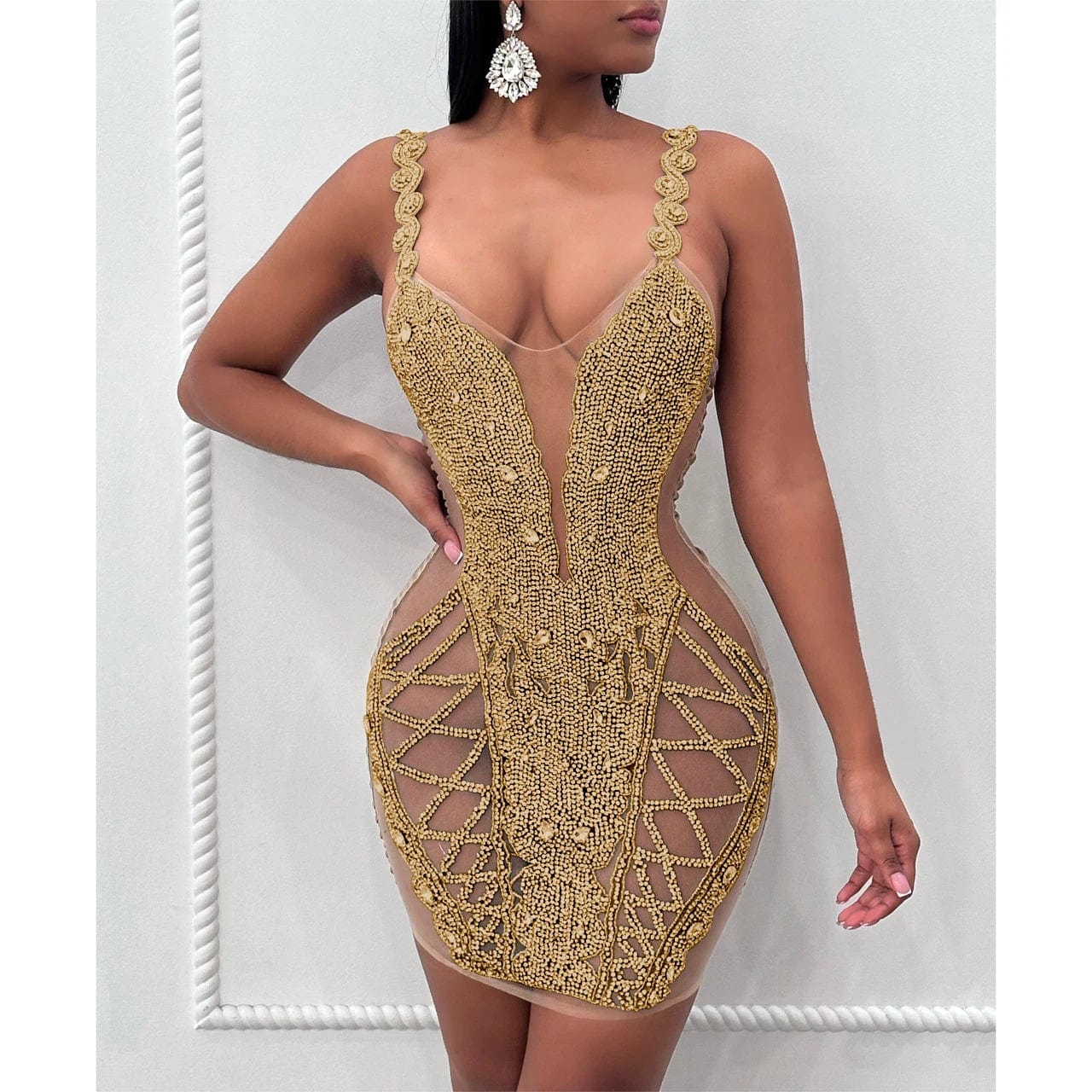 Ocstrade New Arrival Mesh See Through Crystal Gold Rhinestone Mini Birthday Dress Wide Strap Sexy Dresses Women Night Club 2024