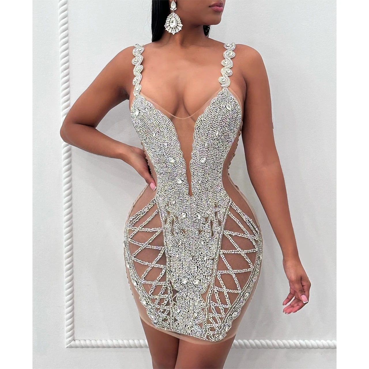 Ocstrade New Arrival Mesh See Through Crystal Gold Rhinestone Mini Birthday Dress Wide Strap Sexy Dresses Women Night Club 2024