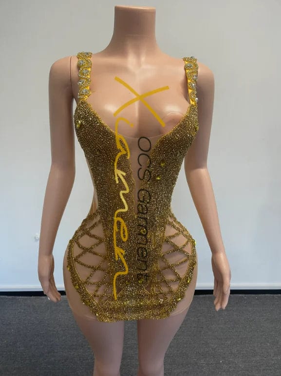 Ocstrade New Arrival Mesh See Through Crystal Gold Rhinestone Mini Birthday Dress Wide Strap Sexy Dresses Women Night Club 2024