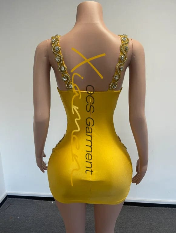 Ocstrade New Arrival Mesh See Through Crystal Gold Rhinestone Mini Birthday Dress Wide Strap Sexy Dresses Women Night Club 2024