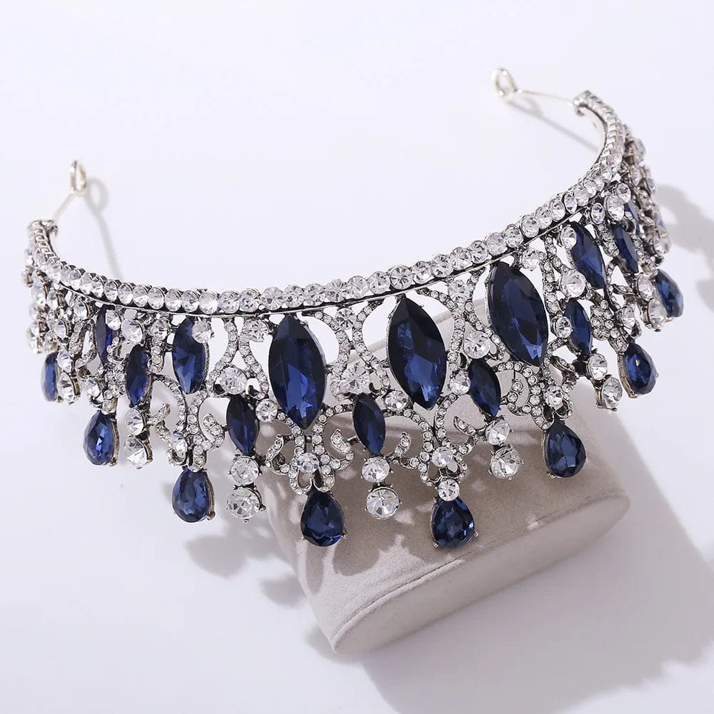 Old Silver+Dark Blue Rosa Bessie Rhinestone Crown Tiara Mix Color Handmade Crystal Hair Accessories Headband Bridal Wedding Princess Tiara Crown