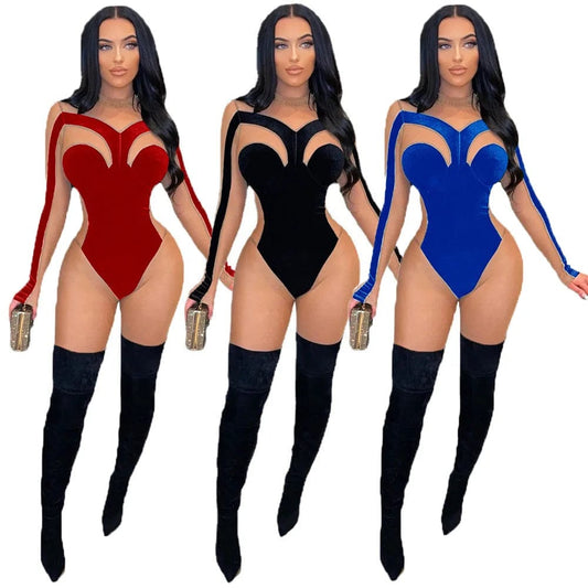 One Piece See Through Luxury Jumpsuits Women Sexy Sheer Mesh Velvet Body Shaped Bodycon New Spring Lady Woman Outfit Jumpsuit