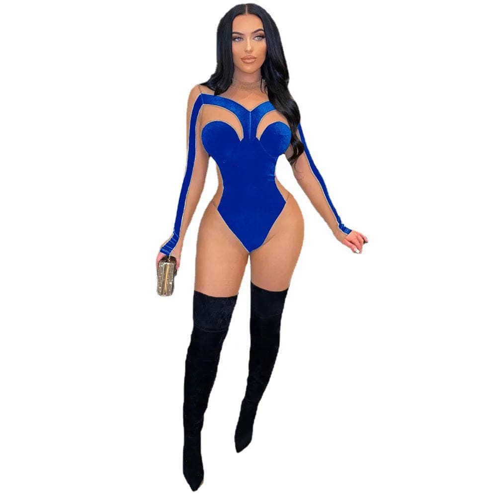 One Piece See Through Luxury Jumpsuits Women Sexy Sheer Mesh Velvet Body Shaped Bodycon New Spring Lady Woman Outfit Jumpsuit