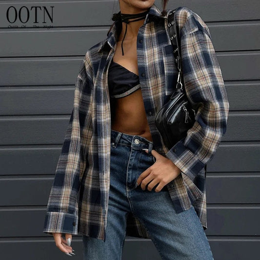 OOTN Casual Cotton Plaid Shirts Blouses Women 2024 Fashion BIue Long SIeeve Loose Shirts Streetwear Pockets Coats BIouses Tops