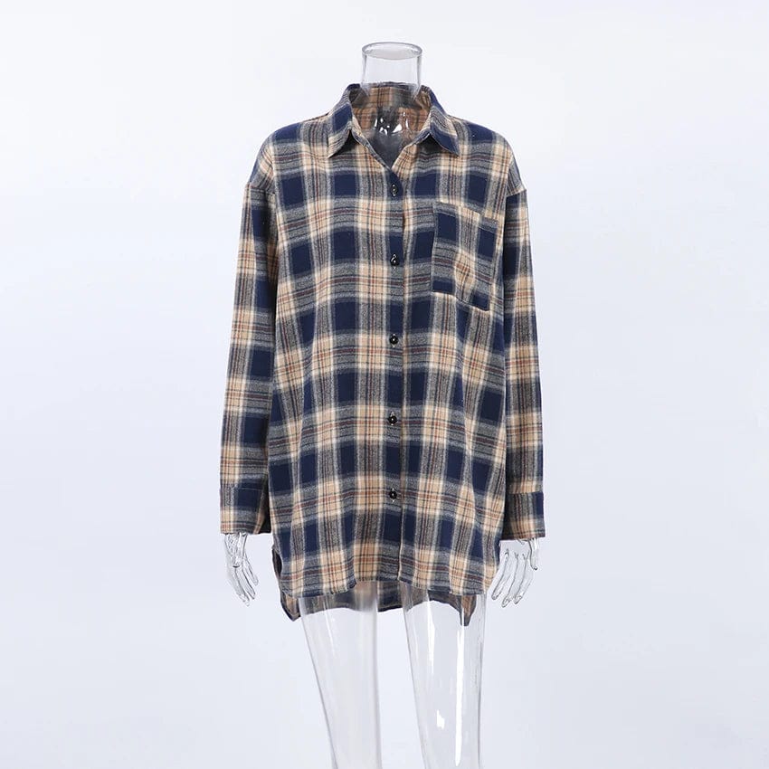 OOTN Casual Cotton Plaid Shirts Blouses Women 2024 Fashion BIue Long SIeeve Loose Shirts Streetwear Pockets Coats BIouses Tops