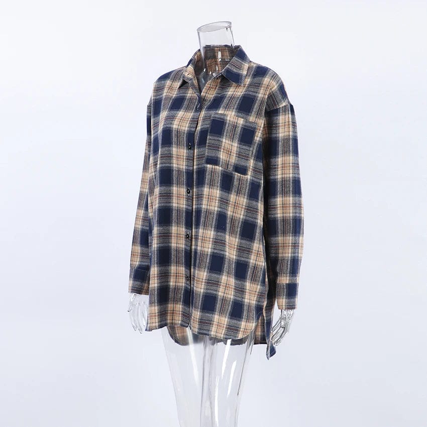 OOTN Casual Cotton Plaid Shirts Blouses Women 2024 Fashion BIue Long SIeeve Loose Shirts Streetwear Pockets Coats BIouses Tops