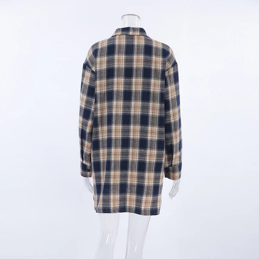 OOTN Casual Cotton Plaid Shirts Blouses Women 2024 Fashion BIue Long SIeeve Loose Shirts Streetwear Pockets Coats BIouses Tops