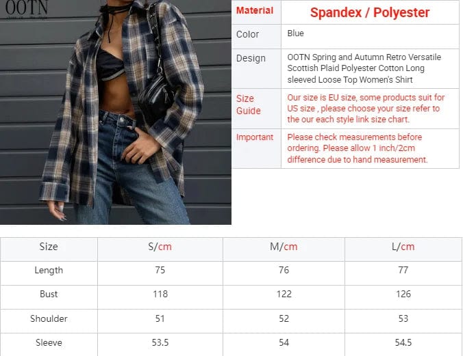 OOTN Casual Cotton Plaid Shirts Blouses Women 2024 Fashion BIue Long SIeeve Loose Shirts Streetwear Pockets Coats BIouses Tops