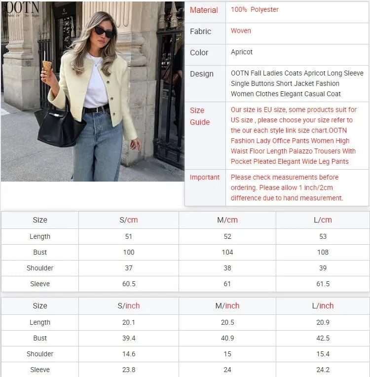 OOTN Fall Ladies Coats Apricot Long Sleeve Single Buttons Short Jacket Fashion Women Clothes Elegant Casual Coat