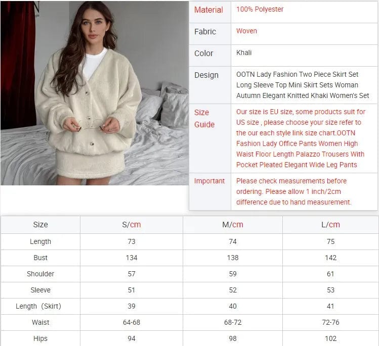 OOTN Lady Fashion Two Piece Skirt Set Long Sleeve Top Mini Skirt Sets Woman Autumn Elegant Knitted Khaki Women's Set