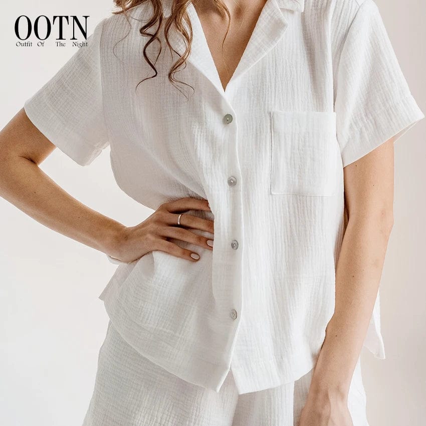 OOTN Pocket White Button Up Tops Cotton Suits With Shorts Female Short Sleeves Set Woman 2 Pieces V-Neck Women Suits Spring