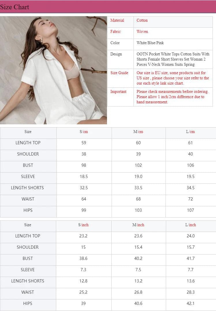 OOTN Pocket White Button Up Tops Cotton Suits With Shorts Female Short Sleeves Set Woman 2 Pieces V-Neck Women Suits Spring