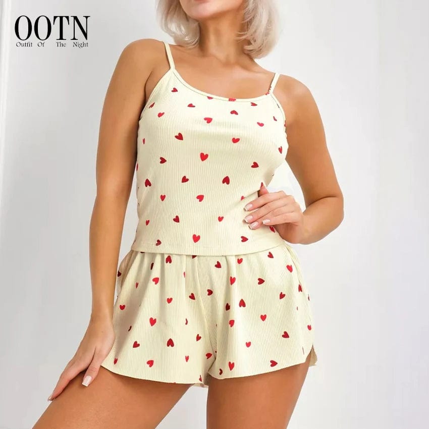 OOTN Sleeveless Heart Print Sleepwear Women Pajama Crop Tops Love Pattern Lougerwear High Waist Shorts Female Set 2024