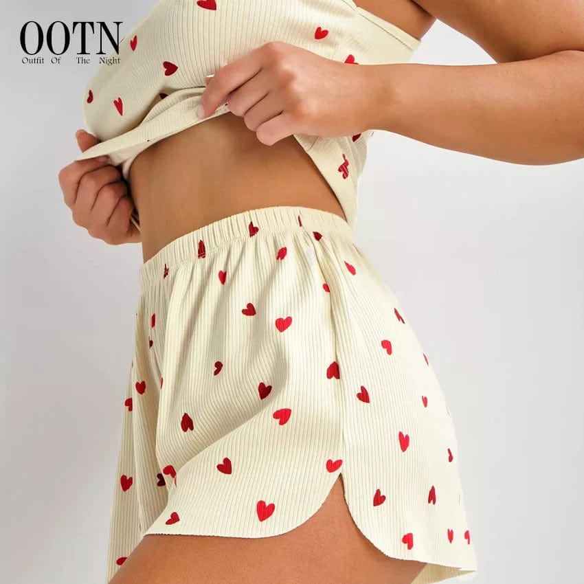 OOTN Sleeveless Heart Print Sleepwear Women Pajama Crop Tops Love Pattern Lougerwear High Waist Shorts Female Set 2024