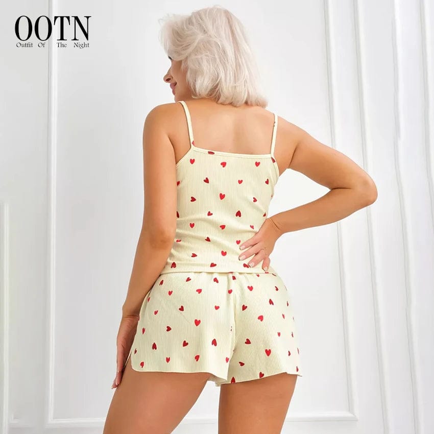 OOTN Sleeveless Heart Print Sleepwear Women Pajama Crop Tops Love Pattern Lougerwear High Waist Shorts Female Set 2024