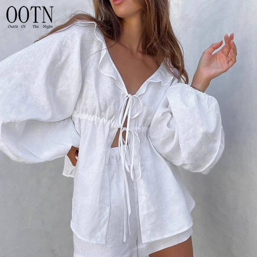 OOTN White Outfits 2023 Summer Elastic Waist Shorts Ruffles Lace Up Tops Two Piece Sets Casual Loose Lantern Sleeve Shirt Suits