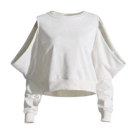 OUDINA 2024 Simple Casual Style Crop Top Spring New Hollow Off Shoulder Loose Solid Color Versatile Woman Sweatshirt