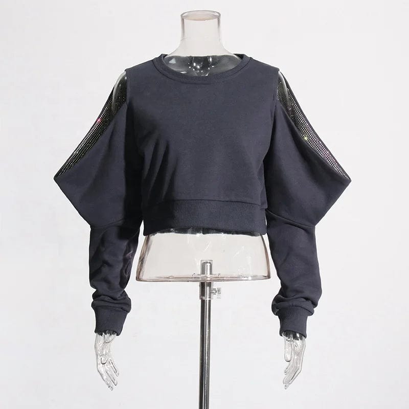 OUDINA 2024 Simple Casual Style Crop Top Spring New Hollow Off Shoulder Loose Solid Color Versatile Woman Sweatshirt