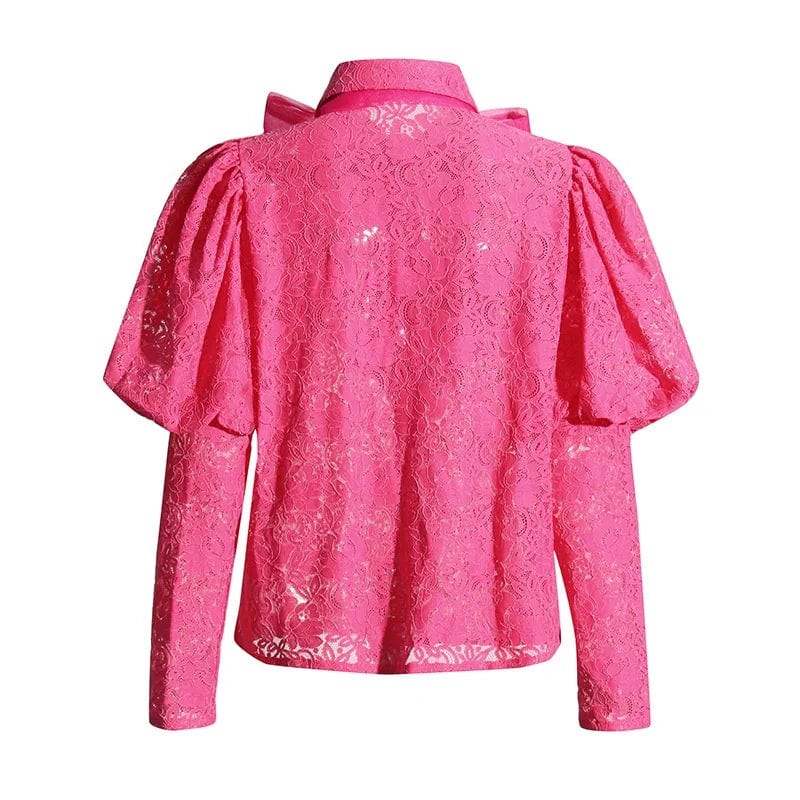 OUDINA French Lady Style Blouses With Bow 2024 Spring New Fashion Embroidered Lace Blouse Elegant Women