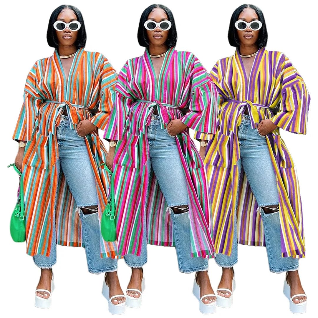 OUDINA Hot Sale Fashion Striped Slit Pockets Loose Coat Long Cardigan Women Cardigans