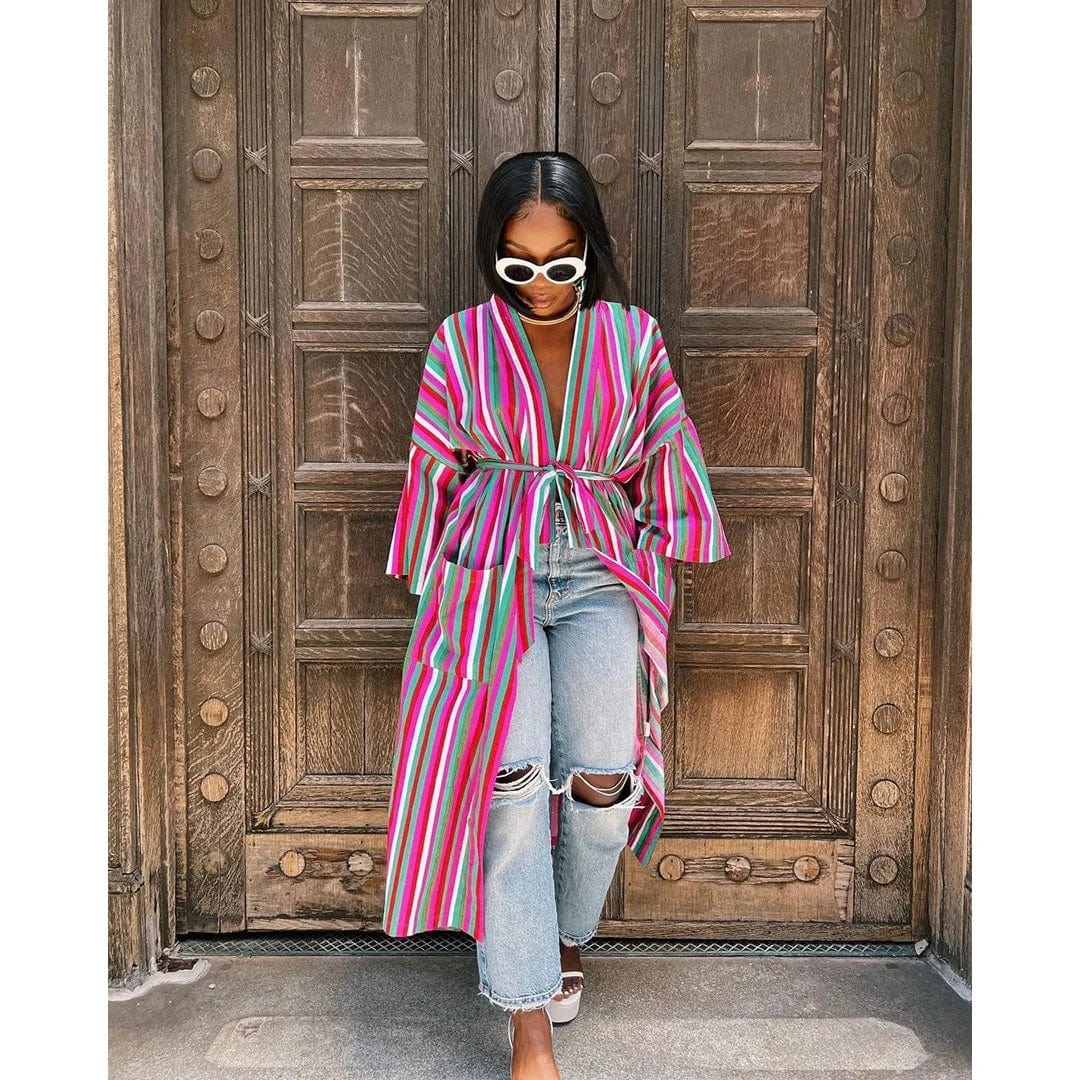 OUDINA Hot Sale Fashion Striped Slit Pockets Loose Coat Long Cardigan Women Cardigans