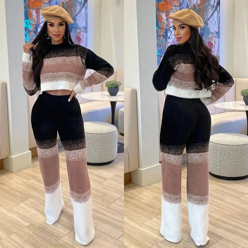 OUDINA New Style Knitted Slim Long-sleeved Top Casual Trouser Set For Ladies Two Piece Set Women Clothing