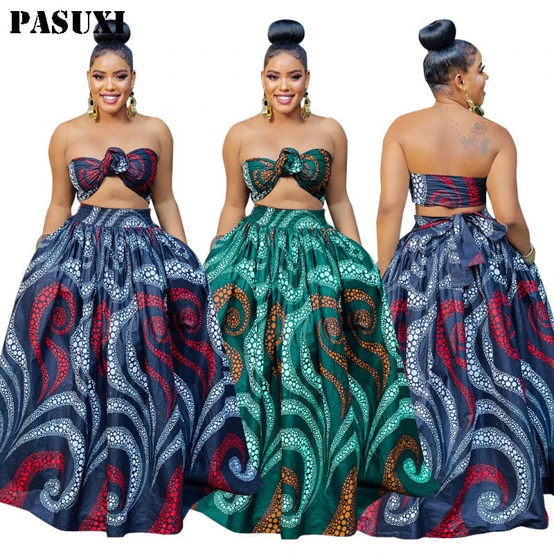 PASUXI Wholesale Womens New Print Loose Skirt Set Strapless Crop Top Boho Maxi Skirt Ethnic African Print Plus Size Dresses