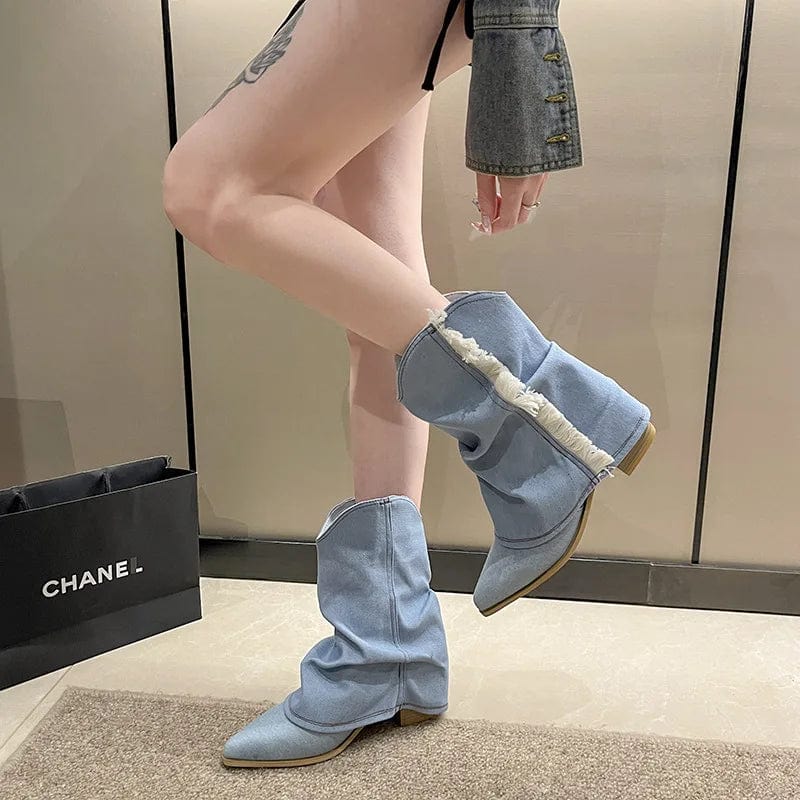 PDEP Tassel western Cowboy boot for women 2023 new pointy toe block thick heel large sleeve short  denim boots women shoes