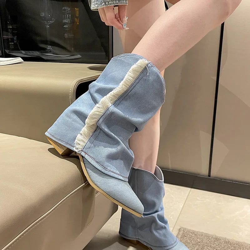 PDEP Tassel western Cowboy boot for women 2023 new pointy toe block thick heel large sleeve short  denim boots women shoes