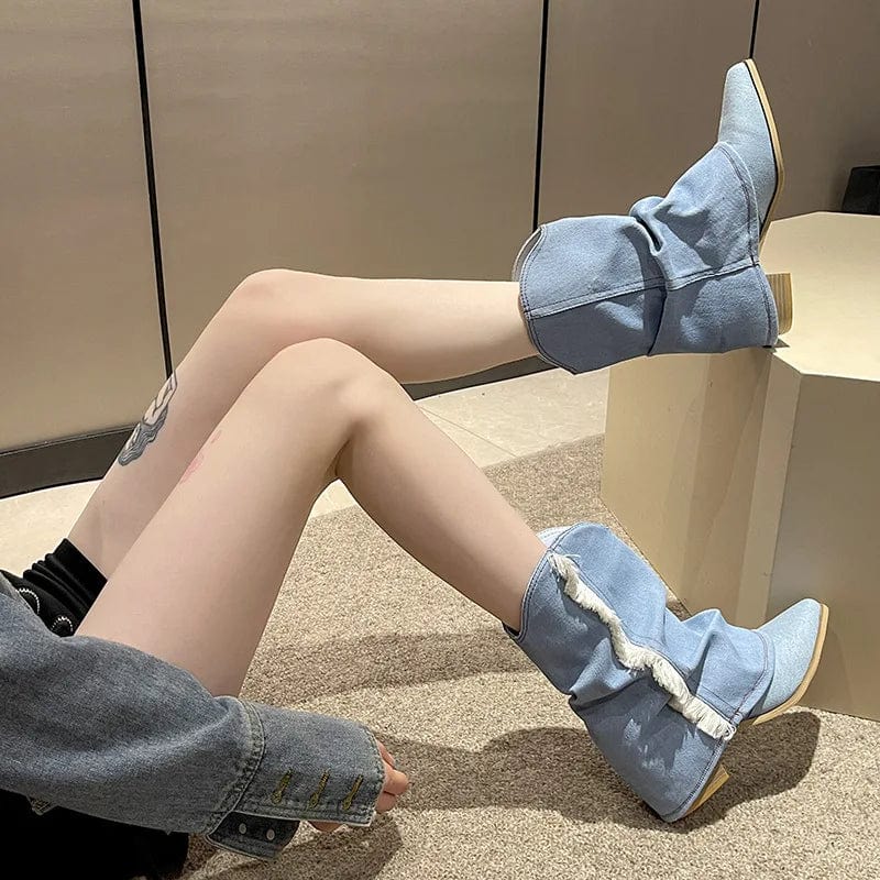 PDEP Tassel western Cowboy boot for women 2023 new pointy toe block thick heel large sleeve short  denim boots women shoes