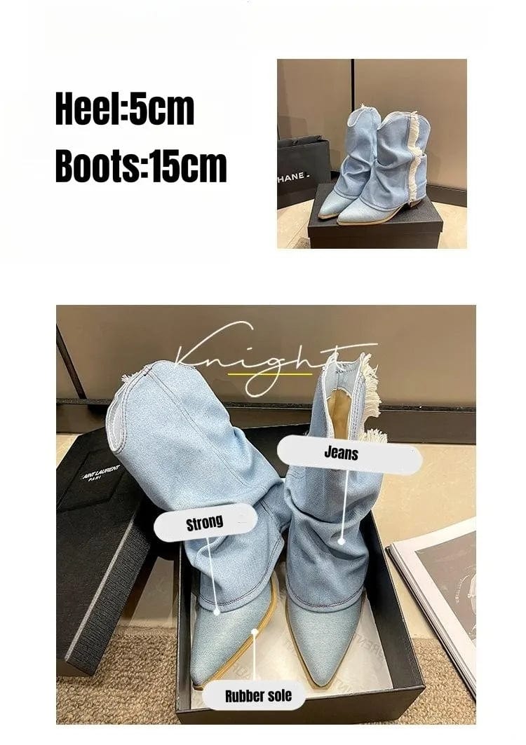 PDEP Tassel western Cowboy boot for women 2023 new pointy toe block thick heel large sleeve short  denim boots women shoes