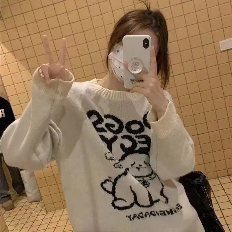 Plus Size / Beige 2024 spring new arrival fashion women's round neck long sleeve cartoon letter jacquard loose pullover sweater