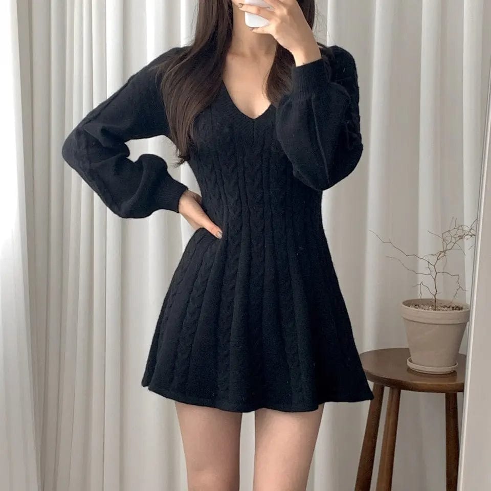 Plus Size / Black 2024 spring fashion lady new arrival v neck long sleeve slim fit cable knit sexy sweater dress