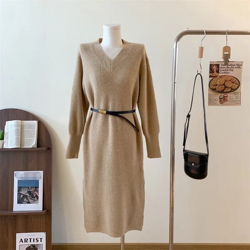 Plus Size / Khaki 2024 spring fashion lady new arrival v neck loose fit plus size with belt sweater dress