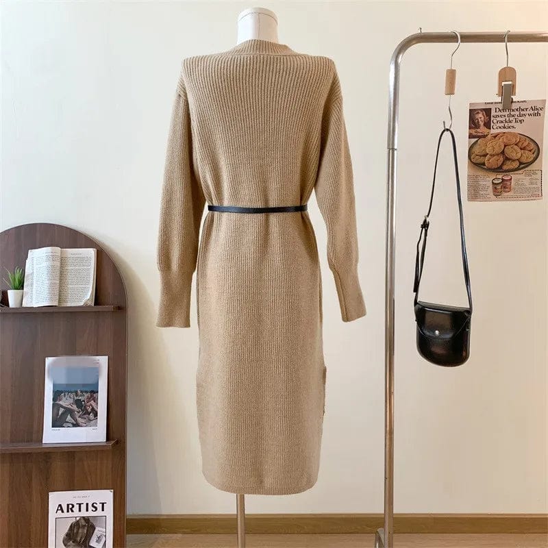 Plus Size / Khaki 2024 spring fashion lady new arrival v neck loose fit plus size with belt sweater dress