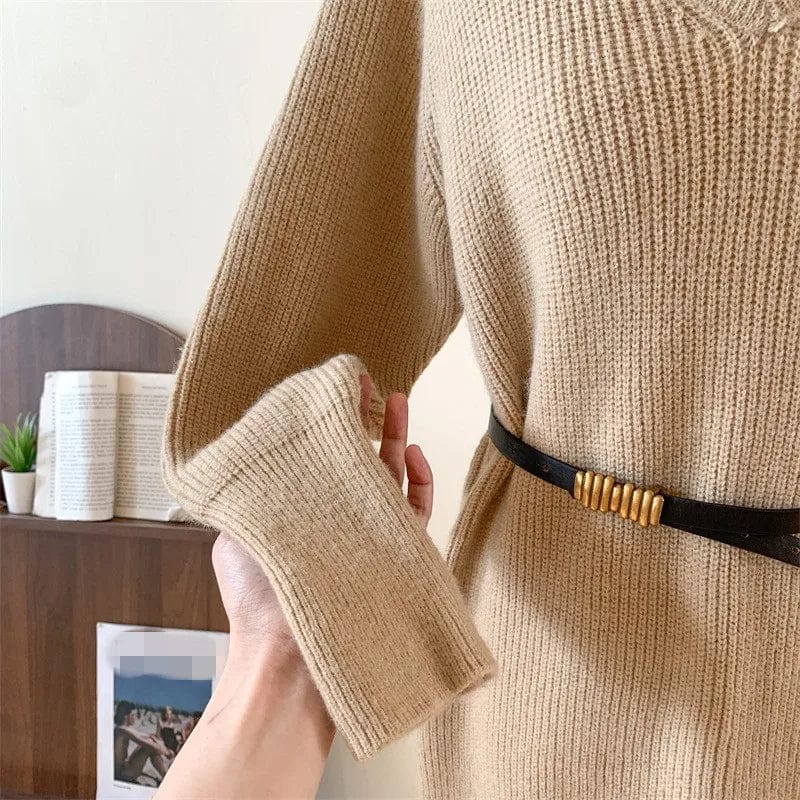 Plus Size / Khaki 2024 spring fashion lady new arrival v neck loose fit plus size with belt sweater dress