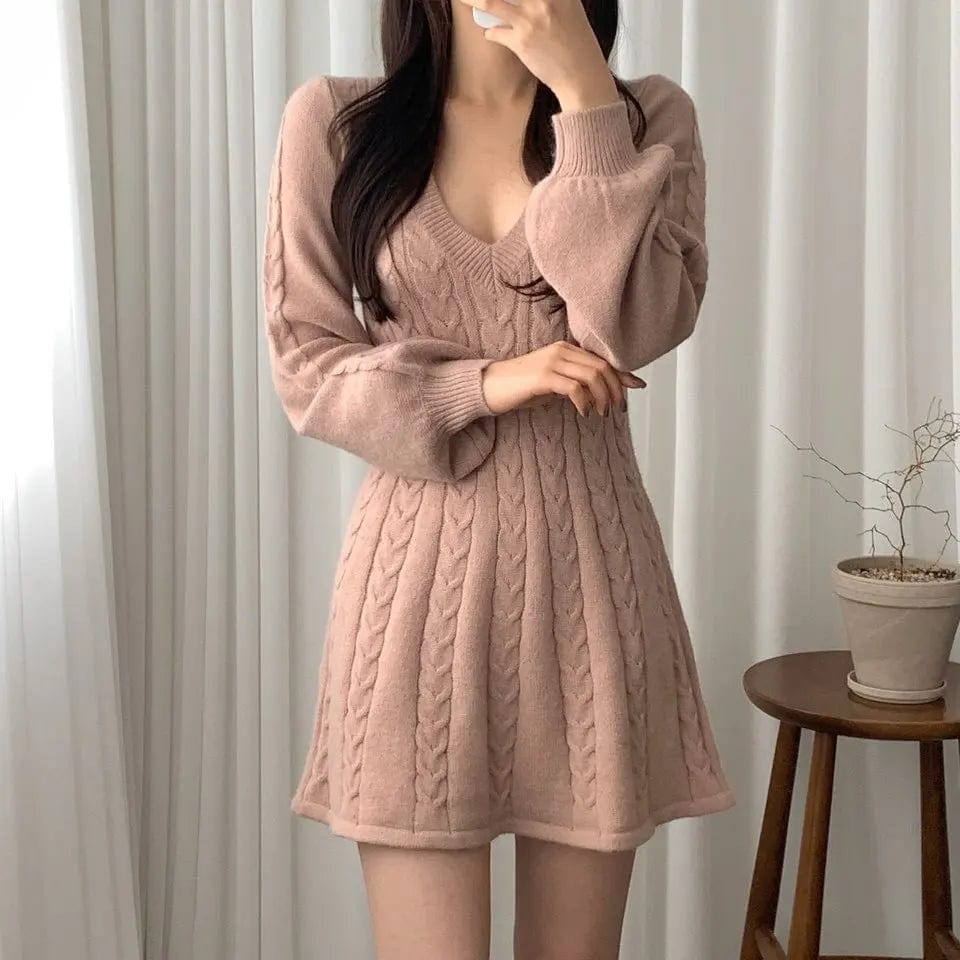 Plus Size / Pink 2024 spring fashion lady new arrival v neck long sleeve slim fit cable knit sexy sweater dress