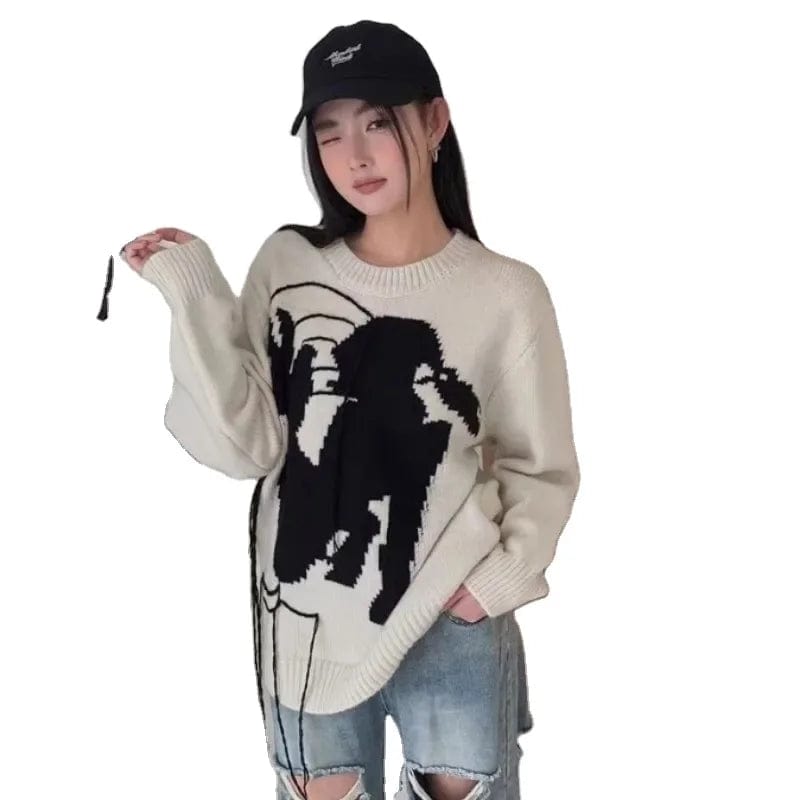 Plus Size / White 2024 spring high-quality best-selling crew-neck long sleeve loose cartoon fashion women's printed knitwear