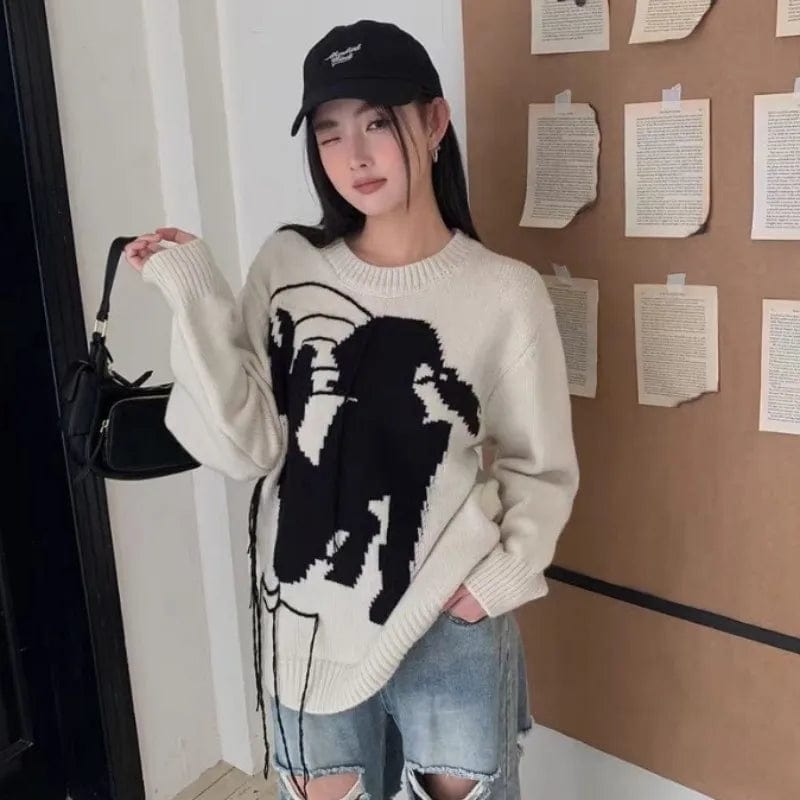 Plus Size / White 2024 spring high-quality best-selling crew-neck long sleeve loose cartoon fashion women's printed knitwear