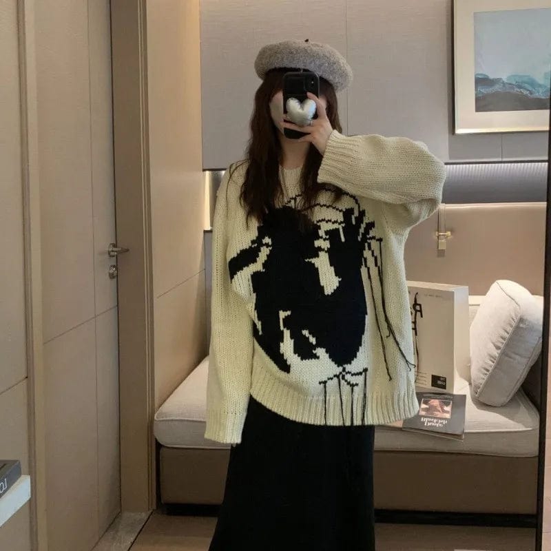 Plus Size / White 2024 spring high-quality best-selling crew-neck long sleeve loose cartoon fashion women's printed knitwear