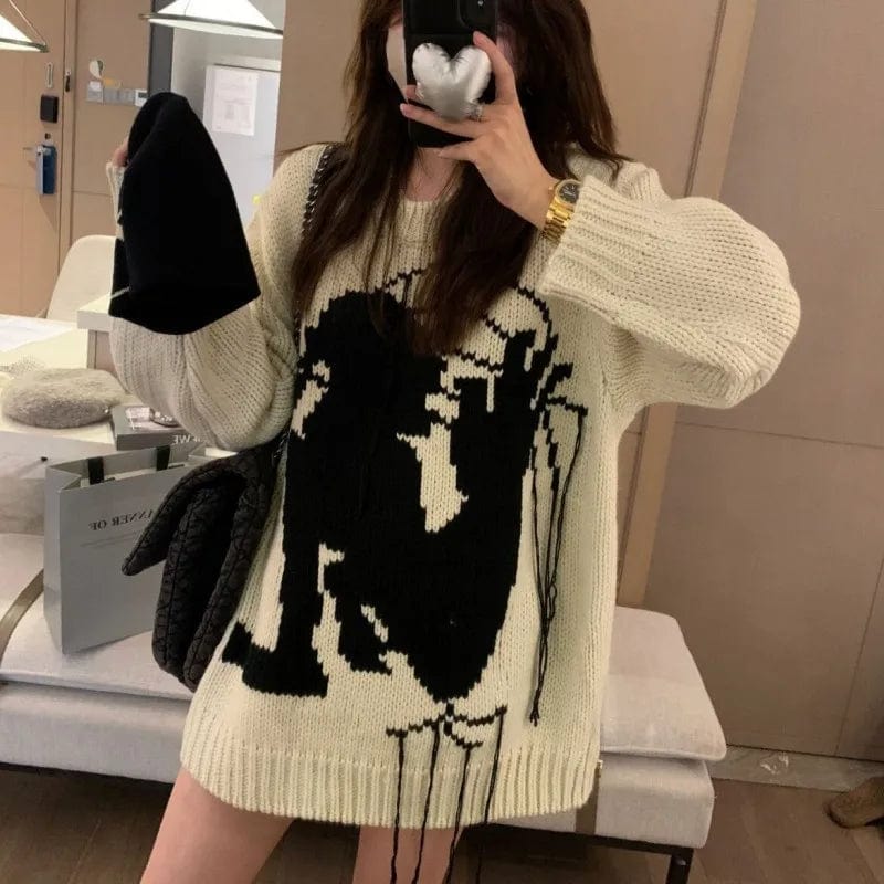 Plus Size / White 2024 spring high-quality best-selling crew-neck long sleeve loose cartoon fashion women's printed knitwear