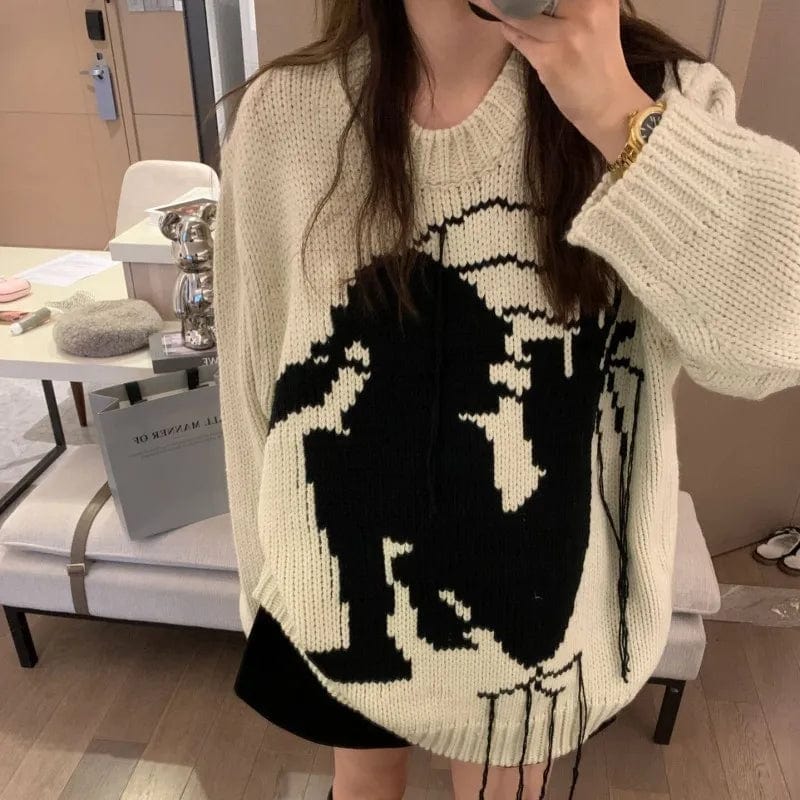 Plus Size / White 2024 spring high-quality best-selling crew-neck long sleeve loose cartoon fashion women's printed knitwear