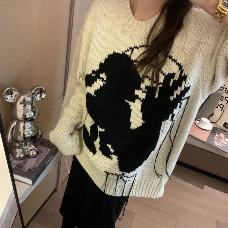 Plus Size / White 2024 spring high-quality best-selling crew-neck long sleeve loose cartoon fashion women's printed knitwear