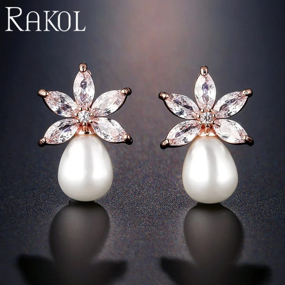 RAKOL EP1161 2022 fashion jewelry cute pearl earring charms flower pearl earrings zirconia pearl earrings